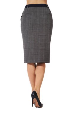 gri resmi resmi MIDI etek modeli hith topuklar üzerinde beyaz arkadan görünüm izole fotoğrafı yakın kesme