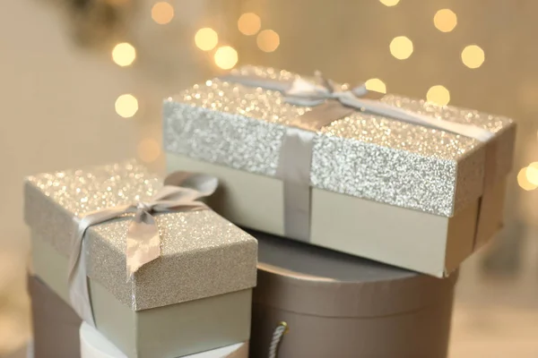 Chriatmas Silver Gift Boxes Garlandas Lights Background — Stock Photo, Image