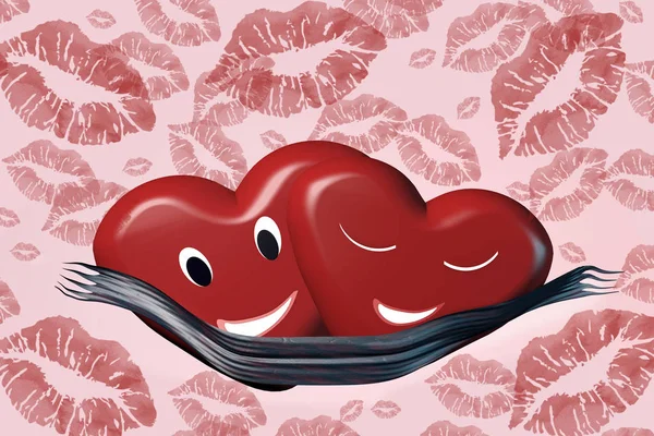 Dois Coração Vermelho Para Feliz Valentines Dia Cartão Mockup Modelo — Fotografia de Stock