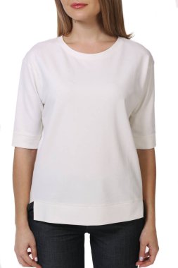 öğrenci genç kadın modeli kız resmi beyaz kısa kollu bluz ve fotoğraf üzerinde beyaz izole yakından ile