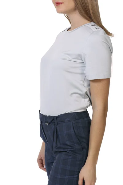Studerande Ung Kvinna Med Modell Flicka Tryckta Kortärmad Formella Blus — Stockfoto