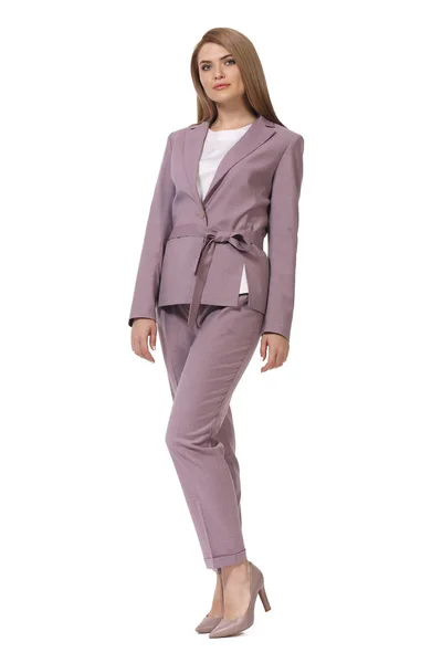 blond business woman in violet official formal pant suit high heels shoes full body photo isolated on white