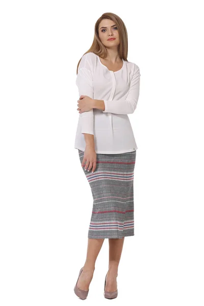 Loira Jovem Empresária Executivo Posando Designer Formal Blusa Branca Saia — Fotografia de Stock