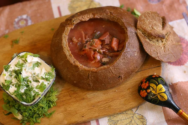Cozinha Tradicional Russa Borsch Sopa Beterraba Vermelha Com Sourcream Endro — Fotografia de Stock