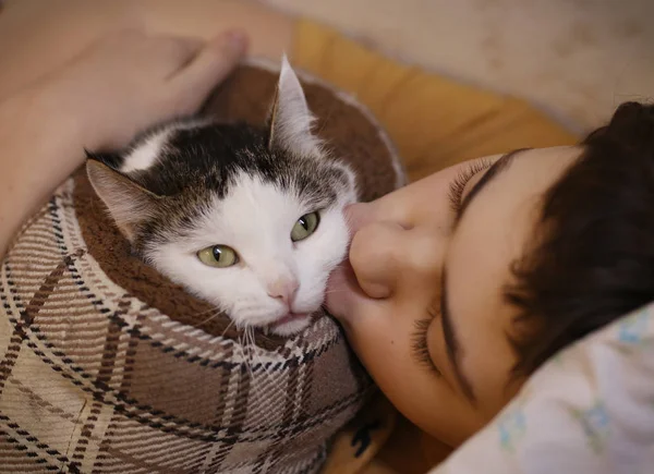 少年男孩与猫亲吻拥抱照片在床上 — 图库照片