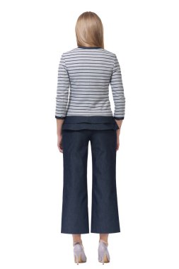 sarışın kadın Donanma bluz etek kot pantolon yüksek topuklu ayakkabı tam üzerinde beyaz arka görüş izole vücut fotoğraf