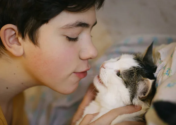 Adolescente Chico Con Gato Beso Abrazo Foto Cama — Foto de Stock