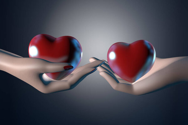 3d illustration of happy Valentine's day card with man and woman hand hold two heart with copy space on blue background