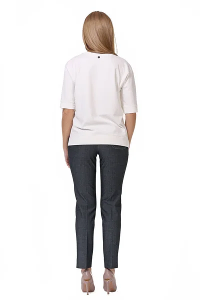 Loira Empresária Executivo Posando Blusa Branca Manga Curta Jeans Salto — Fotografia de Stock