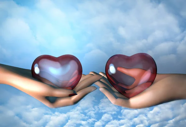 Чоловік Жінка Руки Тримає Скляні Серця Щасливі Валентинка Хмари Неба — стокове фото