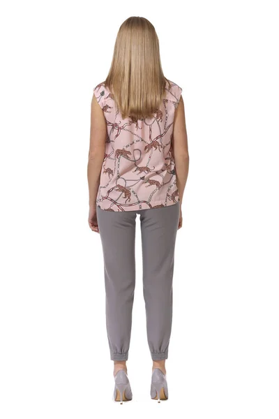 Blond Femme Affaires Exécutif Posant Chemisier Imprimé Manches Longues Jeans — Photo