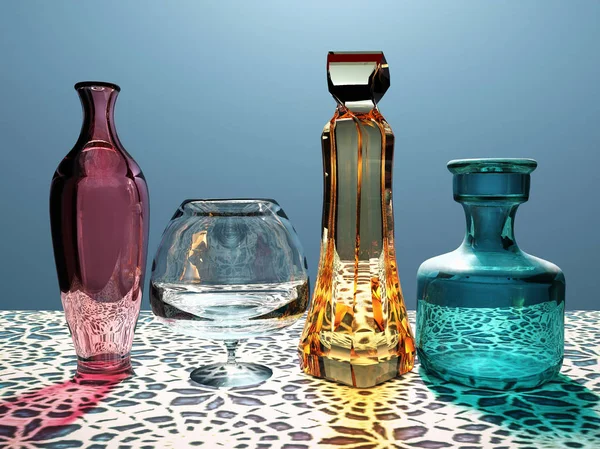 彩色花瓶的例证绿色瓶和酒杯在花边桌布连续 — 图库照片