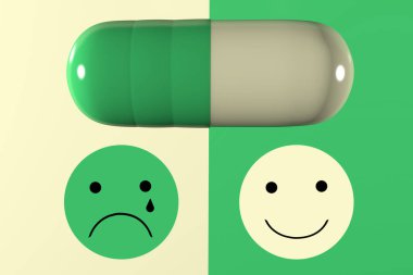depresyon hapı ve gülümseme 3D çizimi ve gözyaşı ifade yüz üzücü