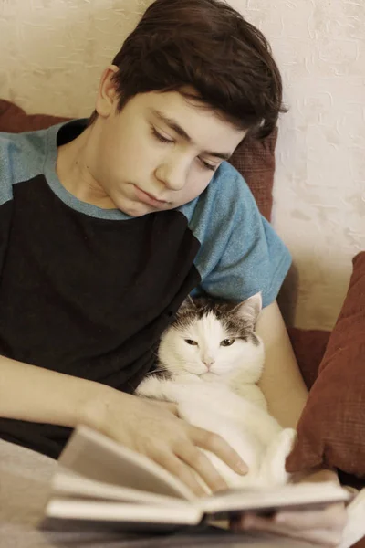 Мальчик Подросток Книгой Чтения Кошек — стоковое фото