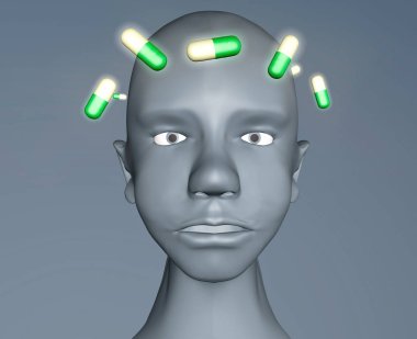 depresyon zihinsel disorded antisepressant haplarla gri arka plan üzerinde insan kafasından 3D çizimi