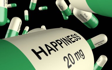 3D çizim antidepresan kelime mutluluk hapı ile yakın çekim siyah izole