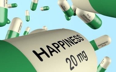 3D çizim antidepresan kelime mutluluk hapı ile yakın çekim siyah izole