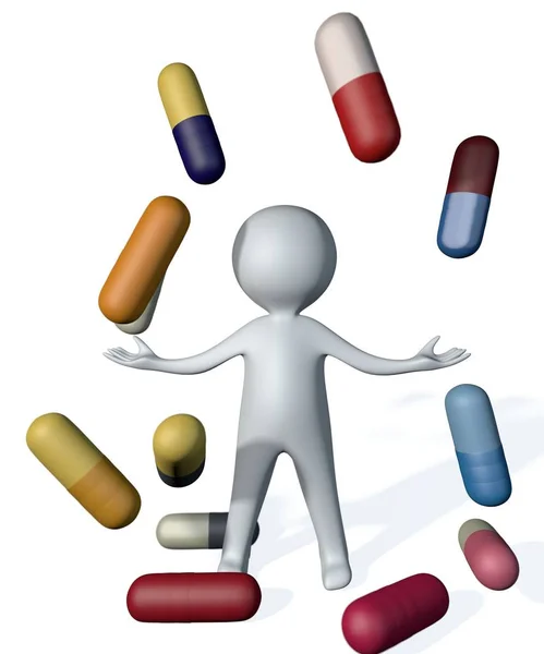 3d illustration human man figure juggle drug antidepressant pill — Stock Photo, Image