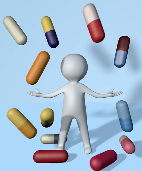 3d illustration human man figure juggle drug antidepressant pill