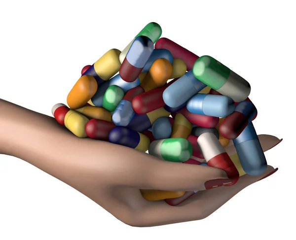 3d illustration of woman hand holding handful of drug medicine p — Stock Photo, Image