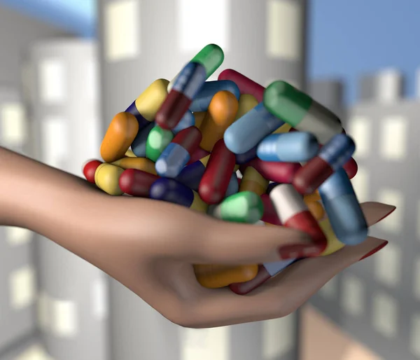 3D-Illustration einer Frau, die eine Handvoll Medikamente in der Hand hält — Stockfoto
