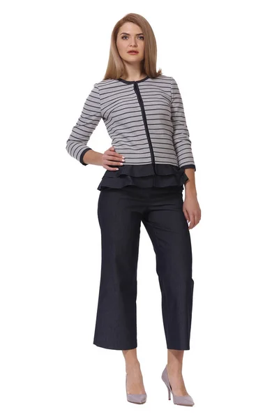Loira mulher de negócios em culottes jeans blusa e estilete alta — Fotografia de Stock