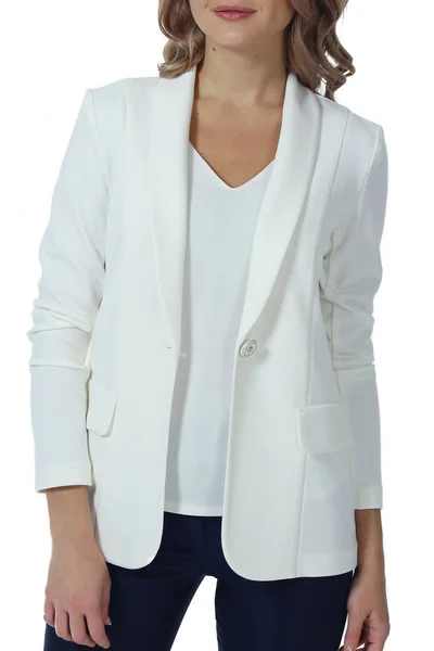 Mujer de negocios rubia en chaqueta de verano blanco foto de cerca —  Fotos de Stock