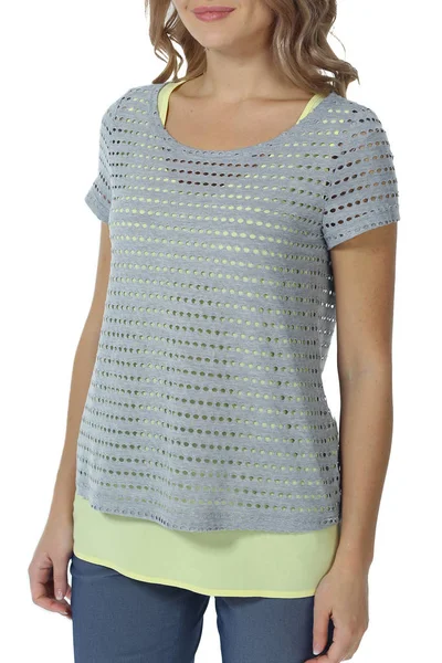 Mulher Modelo Loira Design Líquido Camisa Blusa Manga Curta Close — Fotografia de Stock