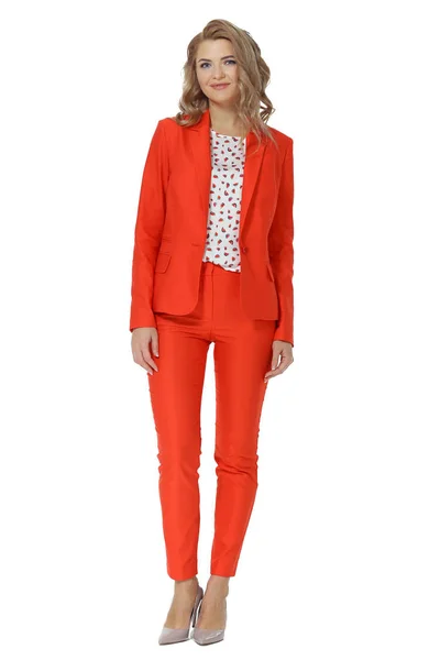 Blond business woman with long hair in official red pant suit hi — Stock Photo, Image