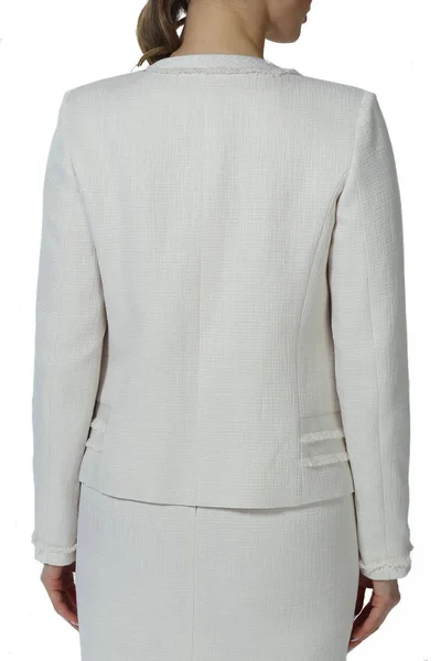 Mulher em jaqueta formal verificado de perto foto isolada no branco — Fotografia de Stock