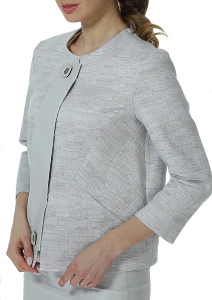 Mujer de negocios en chaqueta formal oficial blanca foto de cerca es —  Fotos de Stock