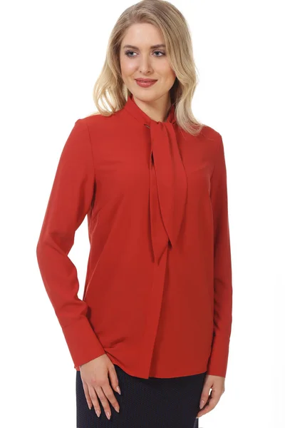 Blond Business Woman Formal Red Official Long Sleeve Blouse Close — Stock Photo, Image