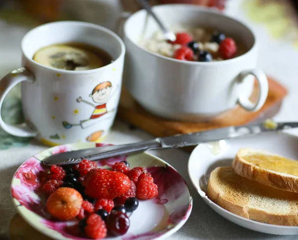 Colazione natura morta con farina d'avena, frutti di bosco stagionali, toa arrosto — Foto Stock