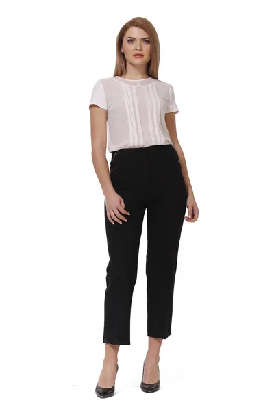 Geschäftsfrau in schwarzer offizieller Hose weiße Bluse und Stil — Stockfoto