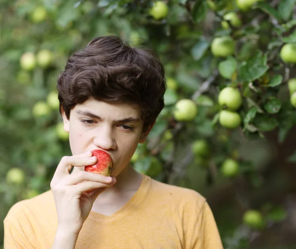 Heureux Garçon Jongler Avec Pomme Sourire Clin Oeil Sur Pomme — Photo