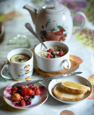 yulaf ezmesi ile kahvaltı natürmort, mevsim meyveleri, kavrulmuş toa