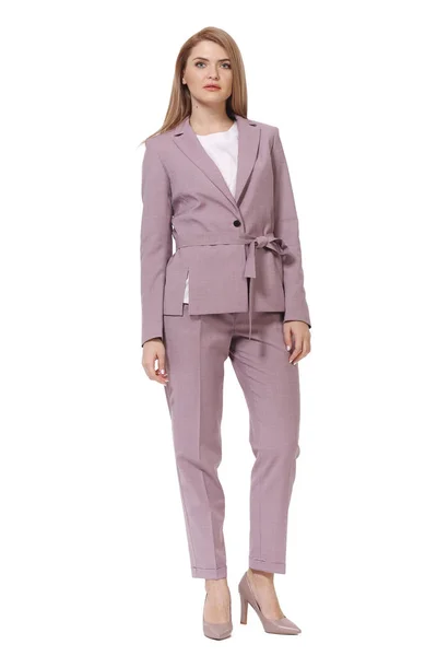 Blond kobieta biznesu w różowy oficjalny garnitur Pant i Stiletto HIG — Zdjęcie stockowe