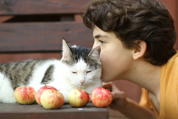 Мальчик-подросток с объятиями с кошкой — стоковое фото