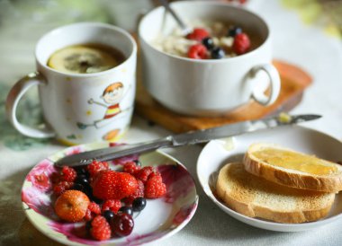 yulaf ezmesi ile kahvaltı natürmort, mevsim meyveleri, kavrulmuş toa