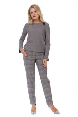 resmi bluz damalı uzun saçlı sarışın iş kadını