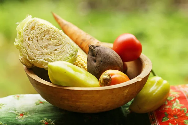 Färska grönsaker från trädgård-morot, grönkål, majs, paprika, beetroo — Stockfoto