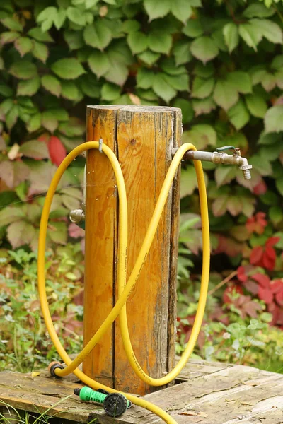 Water well creative outlet with hose close up photo on green sum — Stock Photo, Image