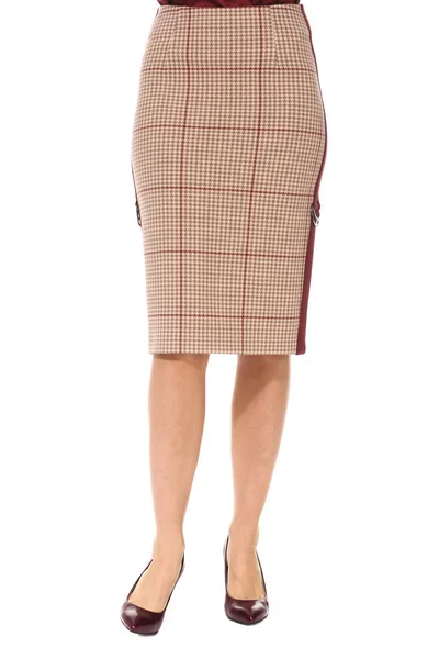 Woolen formal checkered midi skirt with stripe cut close up phot — Stock Photo, Image