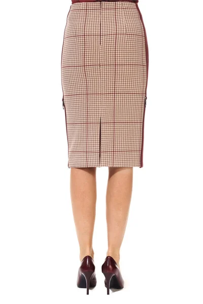 Wełniane formalne Checkered Midi spódnica z paskiem cięcie bliska Phot — Zdjęcie stockowe