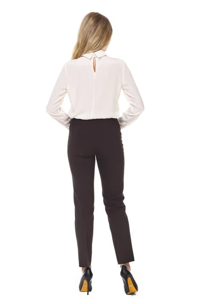 Mulher de negócios loira com cabelos longos na blusa sem mangas de verão — Fotografia de Stock