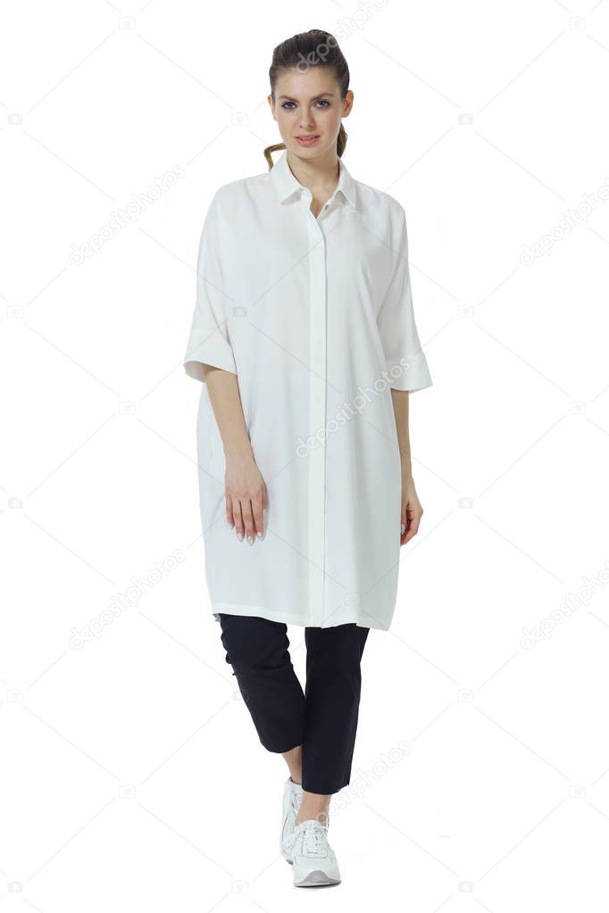 young caucasian business woman executive posing in white baggy s
