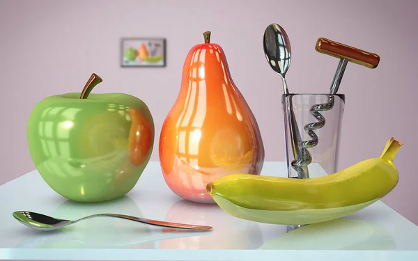 3d illustration of apple banana in glass and pear creative still — Stock Photo, Image