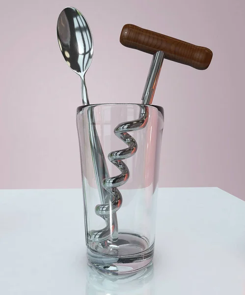 3D ilustracja szkła martwa natura na szklanym stole z łyżką co — Zdjęcie stockowe