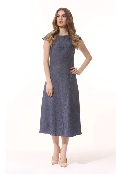 Business Woman Executive Posing Summer Casual Denim Maxi Dress Full — Stock Photo, Image