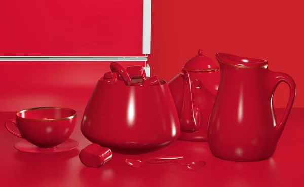 3d illustration of crazy red creative tea set with kettle cup and candy on the beside table still life with copy space